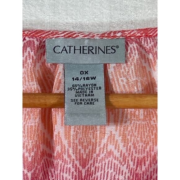 Catherines Blouse 0X 14 16 Pink Orange Abstract Print Flowy Sheer Button Popover - Picture 5 of 8